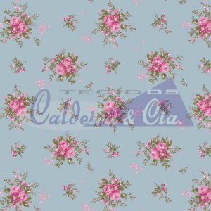 Tecido Tricoline Estampada Floral Yasmim cor 06 (Azul Vintage)