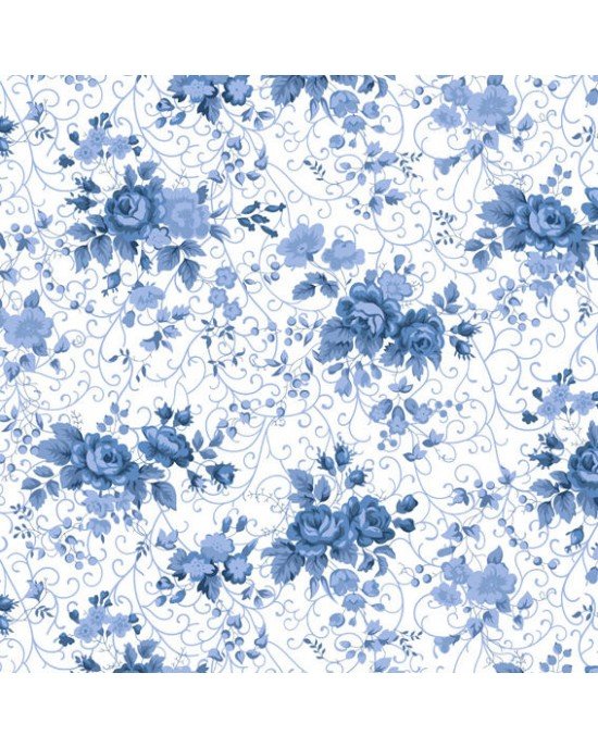 Tecido Tricoline Estampada Floral Fernanda cor 18 (Azul)