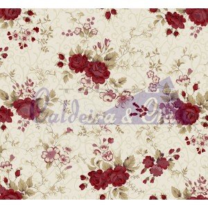 Viscose estampada floral - Fernanda cor 09 - (creme com vermelho escuro)