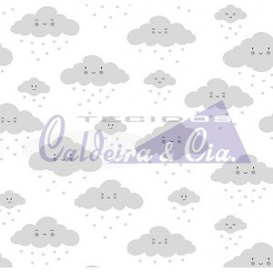 Tecido Estampado Nuvem cor - 09 (Branco com Cinza)