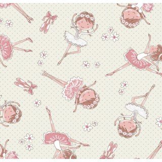 Tecido Estampado Bailarina cor - 01 (Creme com Rosa)