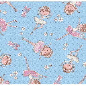 Tecido Estampado Bailarina cor - 03 (Azul com Rosa)