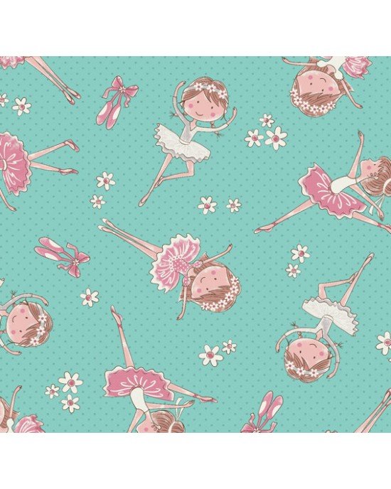 Tecido Estampado Bailarina cor - 05 (Tiffany com Rosa)