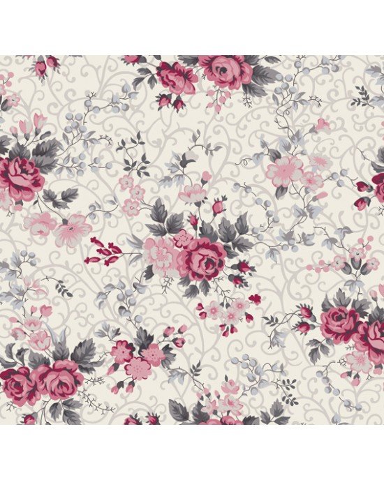 Tecido Estampado Floral Fernanda cor - 03 (Cinza com Rosa)