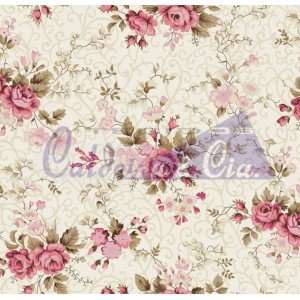 Tecido Estampado Floral Fernanda cor - 02 (Creme com Rosa)
