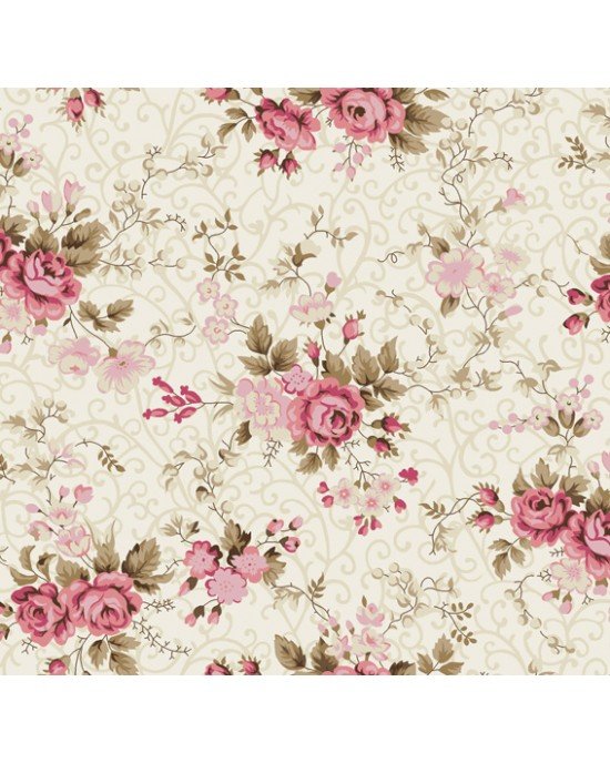 Tecido Estampado Floral Fernanda cor - 02 (Creme com Rosa)