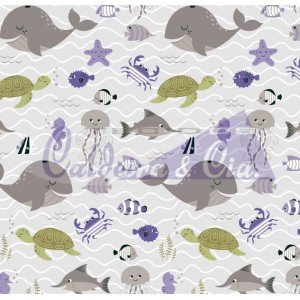 Tecido Estampado Fundo do Mar cor - 07 (Cinza com Lilás)